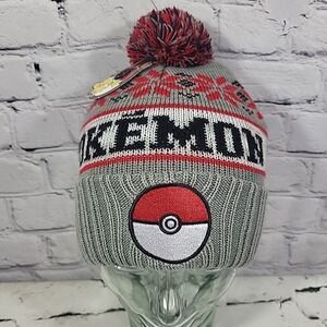 Pokemon Pokeball Bioworld Beanie Cap Fair Isle Pompom Gray Ski Cap O/S Ages 14+